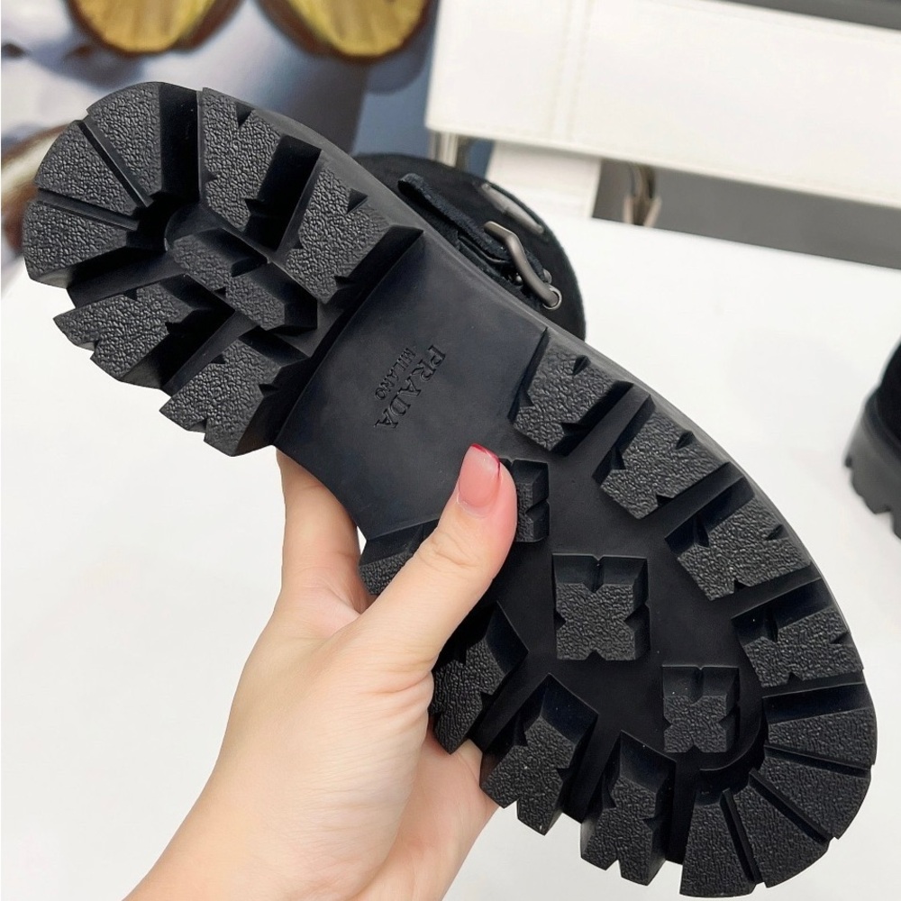 Women's Prada Black Suede Triangle Logo Buckle Chunky Platform Mid-Calf Boots - Picture 8 of 8